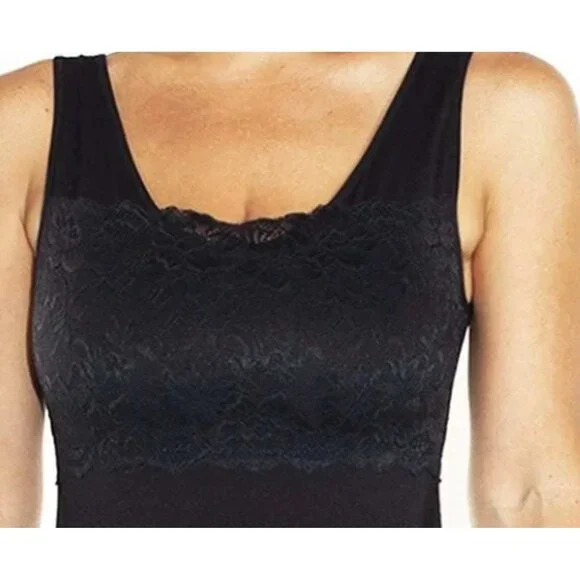 Rhonda Shear Lace Overlay Tank w/Shelf Bra Solid Black X-LARGE - Picture 2 of 4